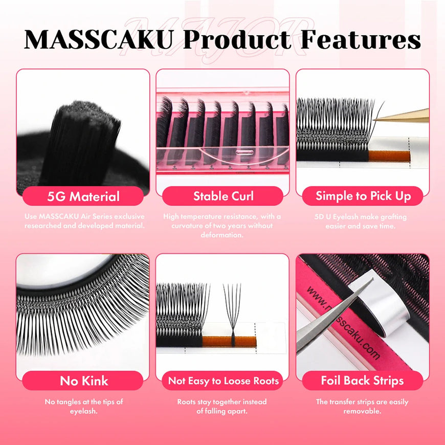 10cases/lot MASSCAKU U Shape 6D W Lash Extensions Mixed Length Handmade Double Tips Premade Fans Volume False Eyelashes in Stock
